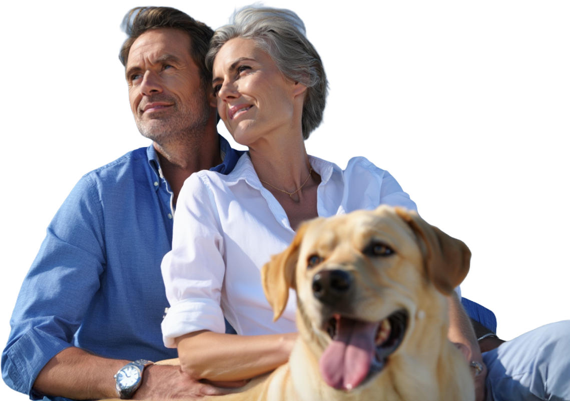 Couple sitting outdoors with a dog
